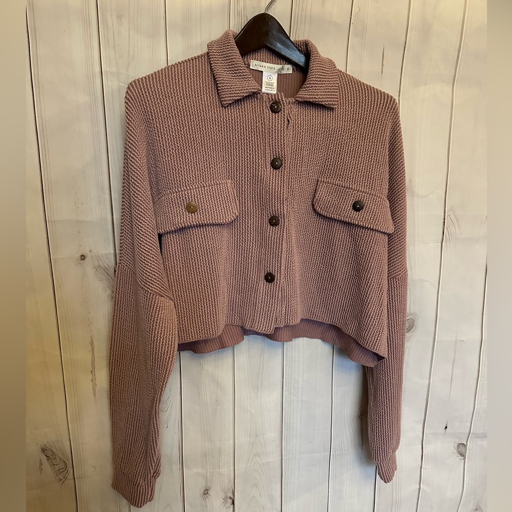 Alter'd State Cropped Knit Shacket Sweater -Button Front Mauve Pink Women's S